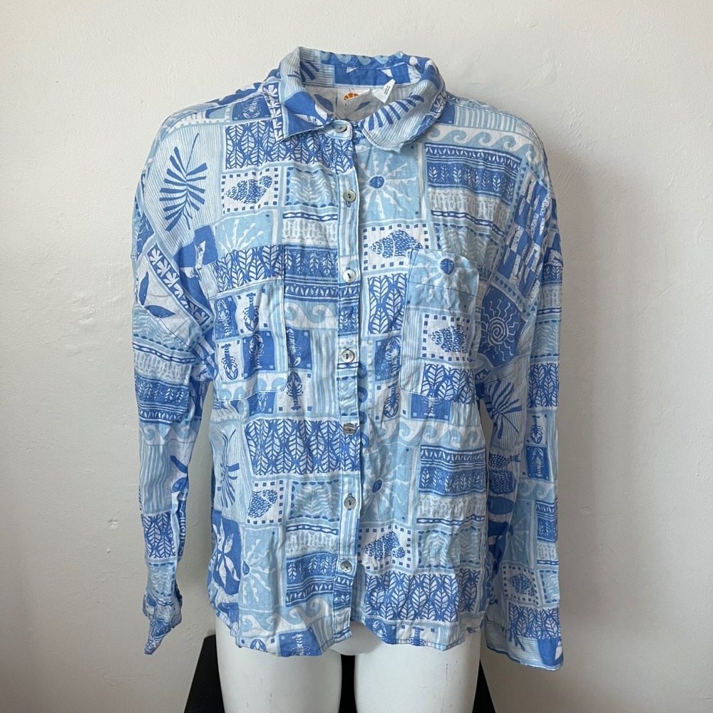 C&C California Womens Large 100% Linen Blue Coastal Patchwork Button Down Shirt